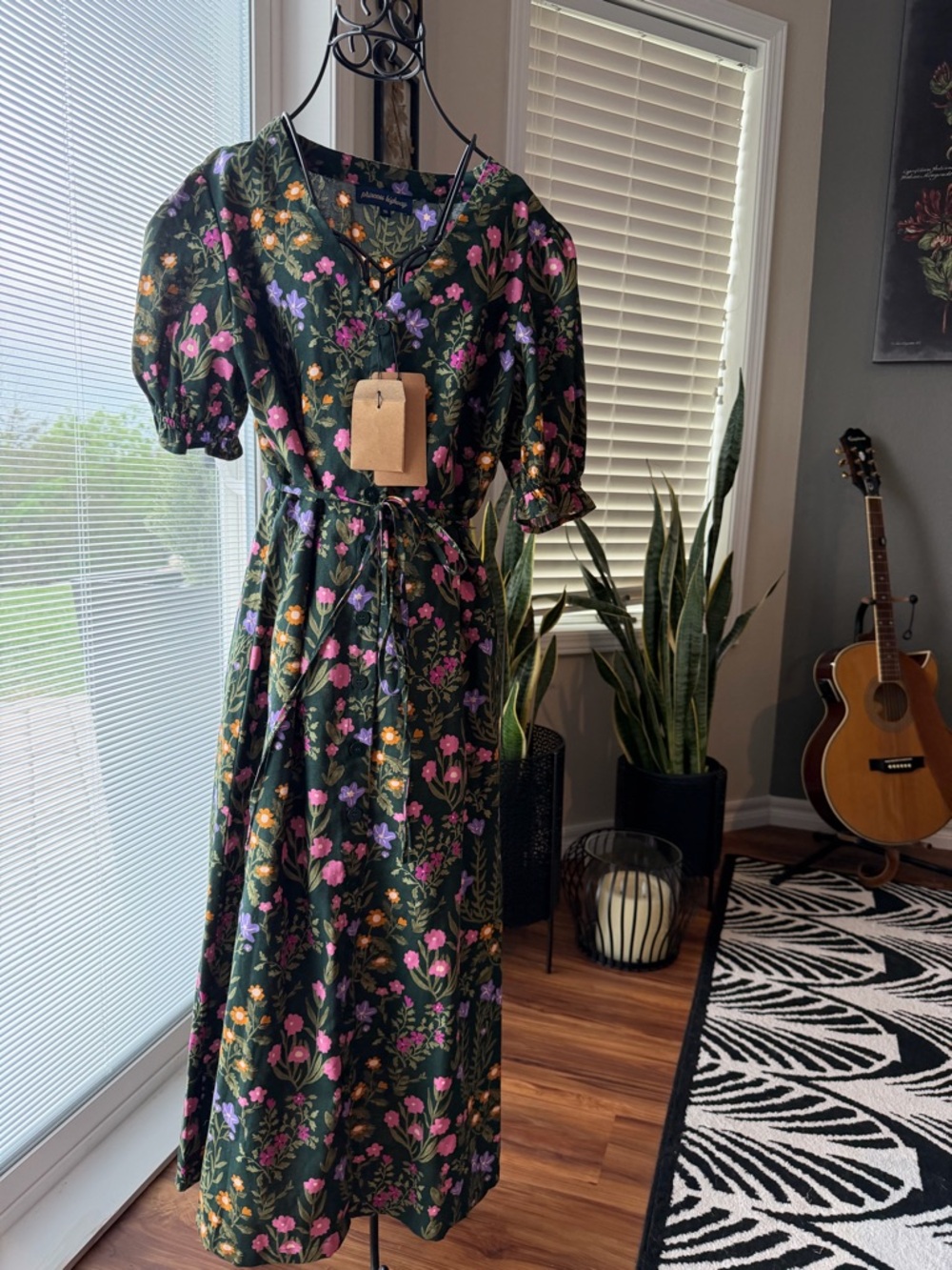 Princess Highway Dark Green Floral Midi Dress with Pink & Purple Blooms